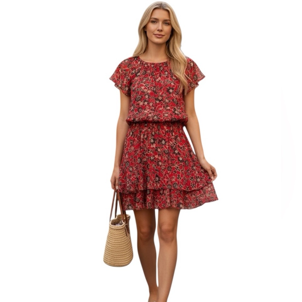 Parker Red Black Silk Floral V Neck Dress Mini Smocked Waist Ruffled Mini Dress